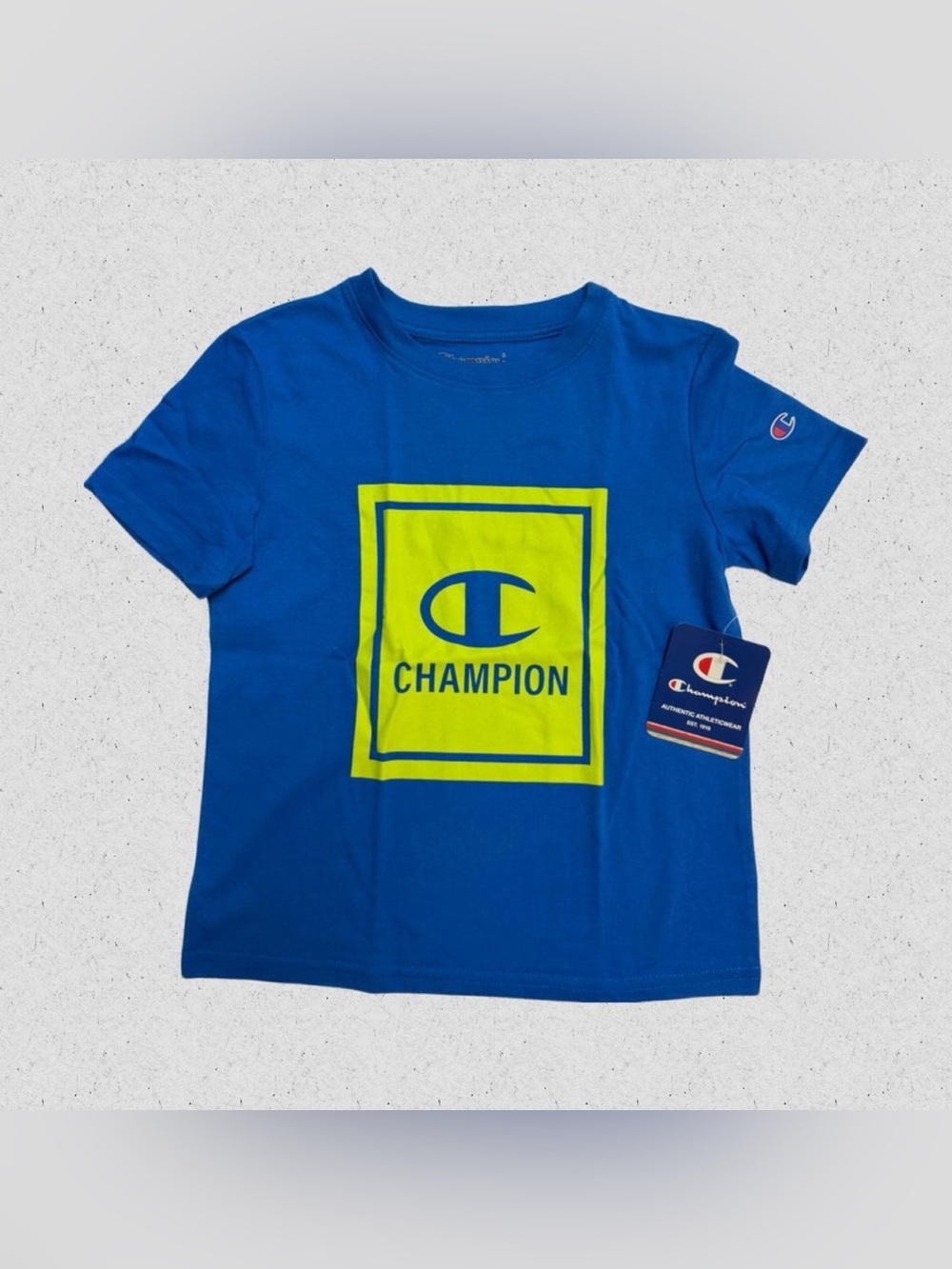 Champion Boy’s Blue Tee with Neon Yellow Logo